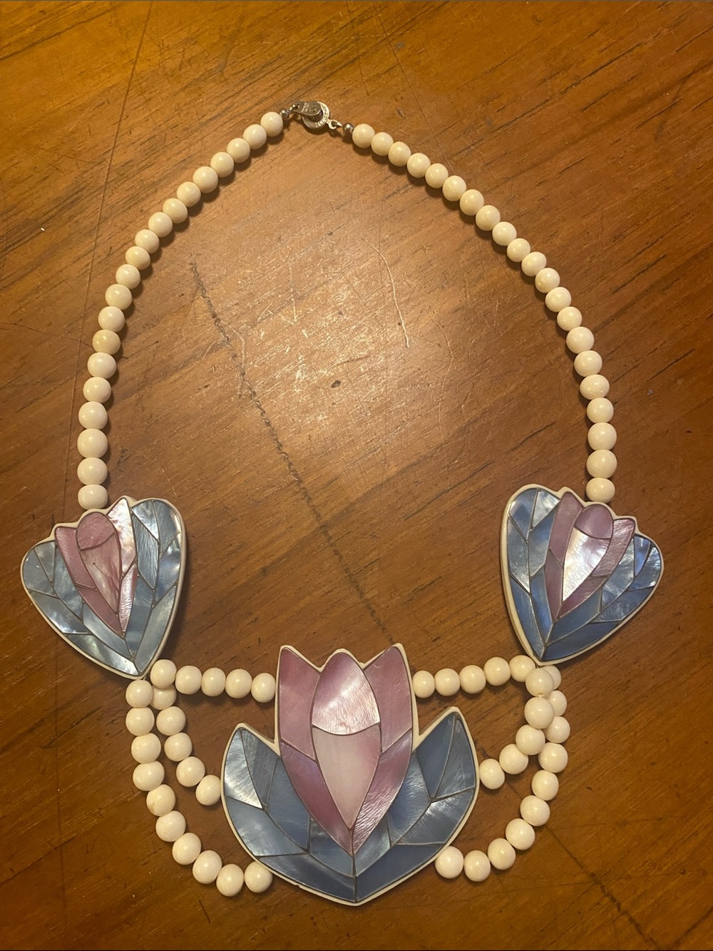 Vintage Mother of Pearl Floral Inlay Beaded Statement Necklace - Pink & Blue